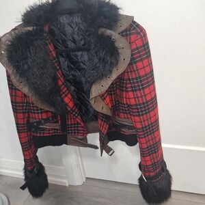 Open Aesthetic Red and Black Plaid Bomber Jacket with Faux Fur